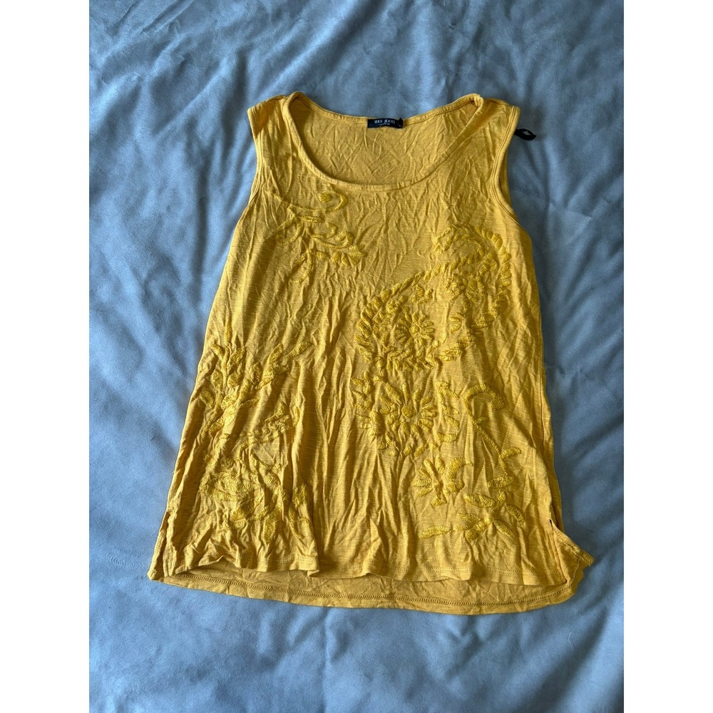 Max Jeans Mustard Yellow Floral‎ Embroidered Slub Knit Tank Top Small